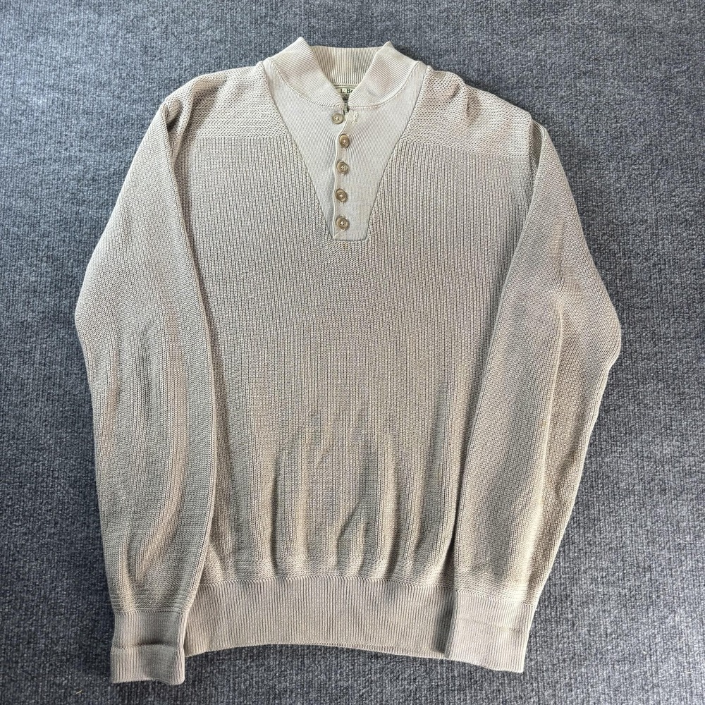 L.L. Bean Sweater Mens LT Beige Cotton Waffle Knit‎ Mock Neck Henley Big Tall